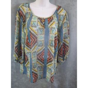 Vicki Wayne Sheer Blouse Size 14 Ethnic Print Boho Casual Peasant Top